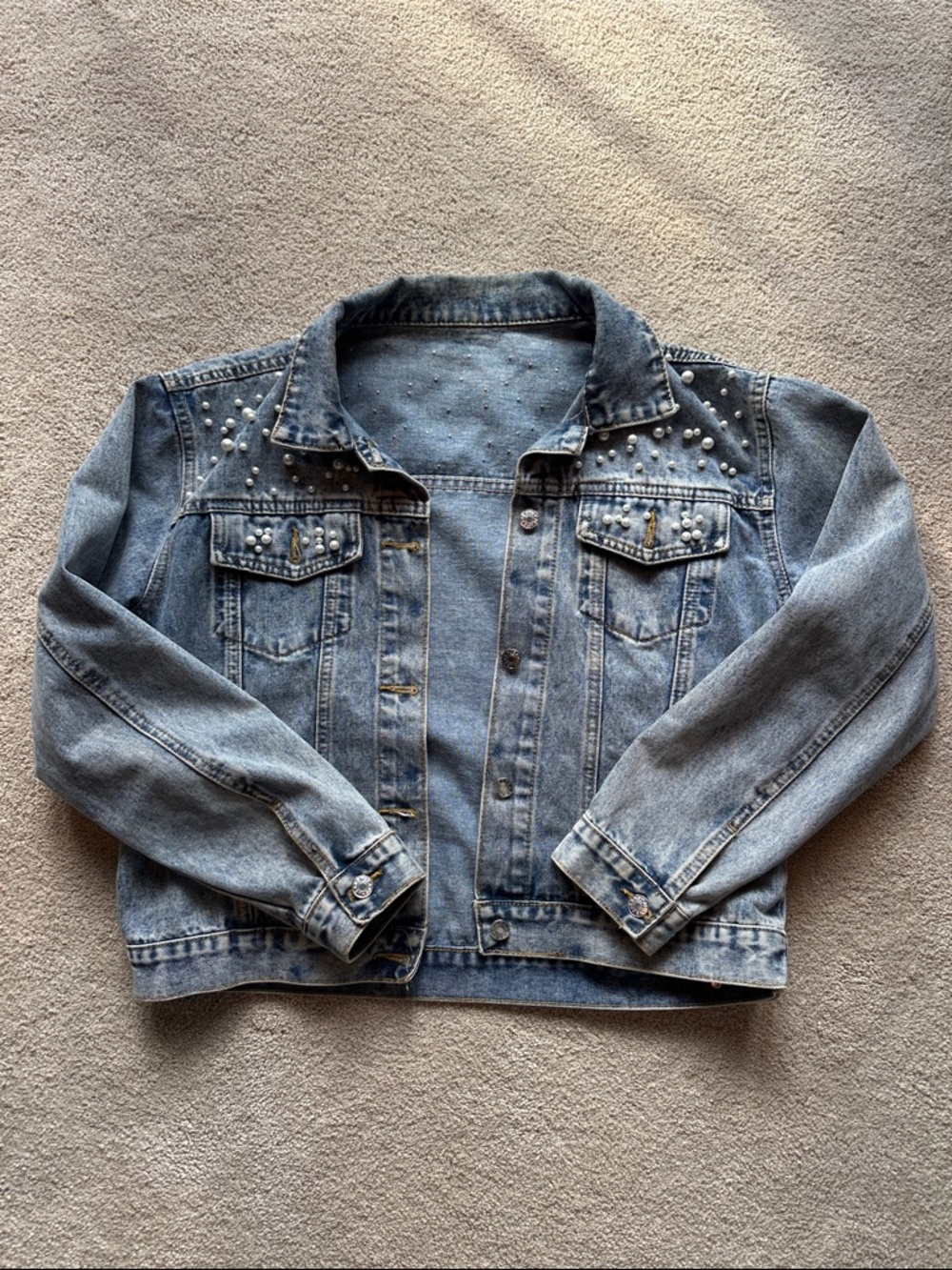 Pearl-Embellished Light Blue Denim Jacket